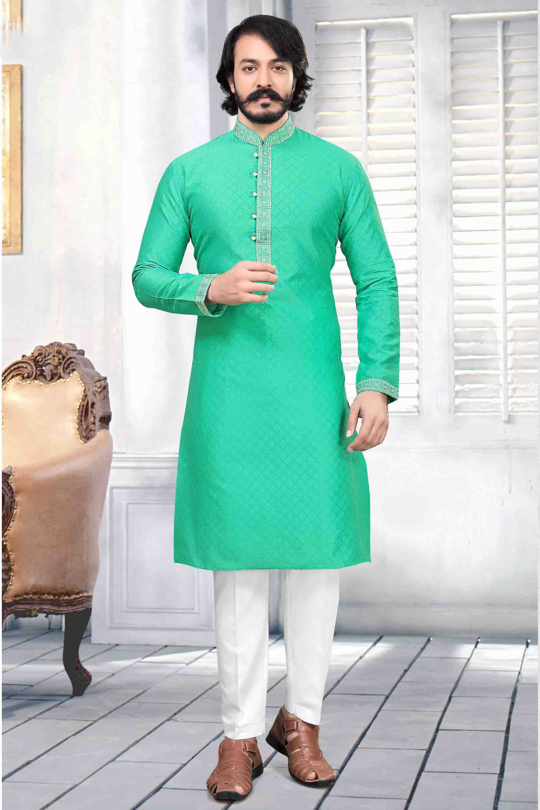 Rama Green Colour Kurta Pajama In Jacquard Silk KP1210034