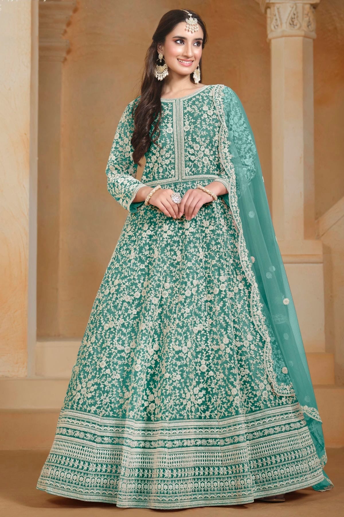 Rama Green Colour Net Semi Stitched Anarkali Suit SM1050623