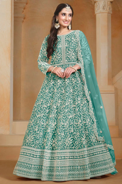 Rama Green Colour Net Semi Stitched Anarkali Suit SM1050623