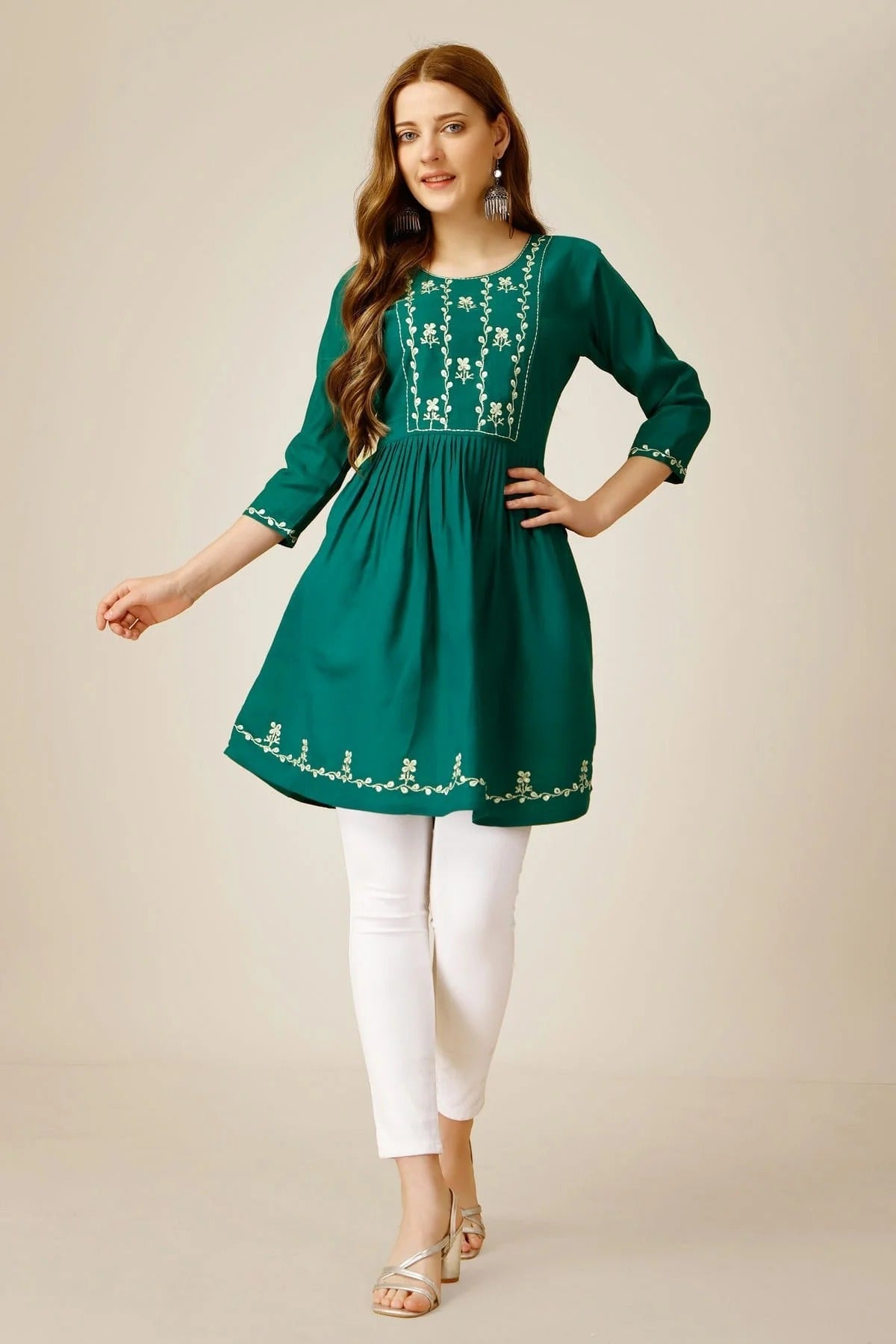 Rama Green Colour Rayon Thread Work Sequins Work Embroidery Work Readymade Top TP1110807