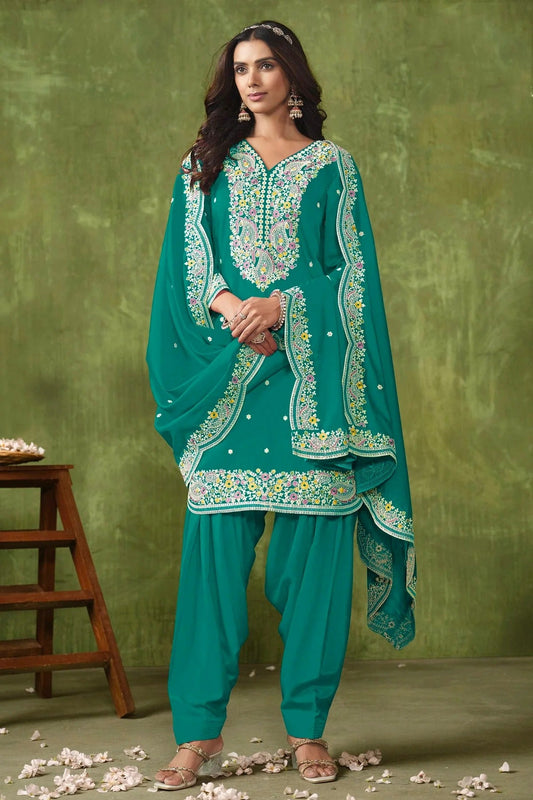 Rama Green Colour Roman Silk Patiala Suit SM1050550