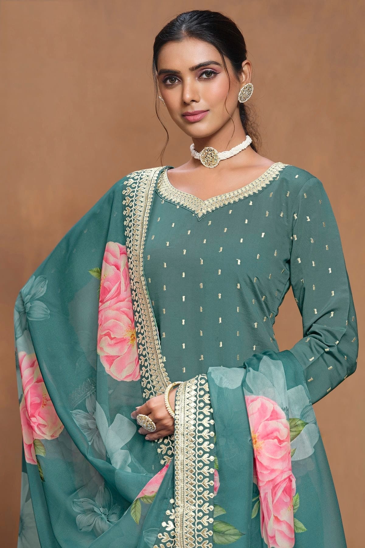 Rama Green Colour Roman Silk Sharara Suit SM1050565 A