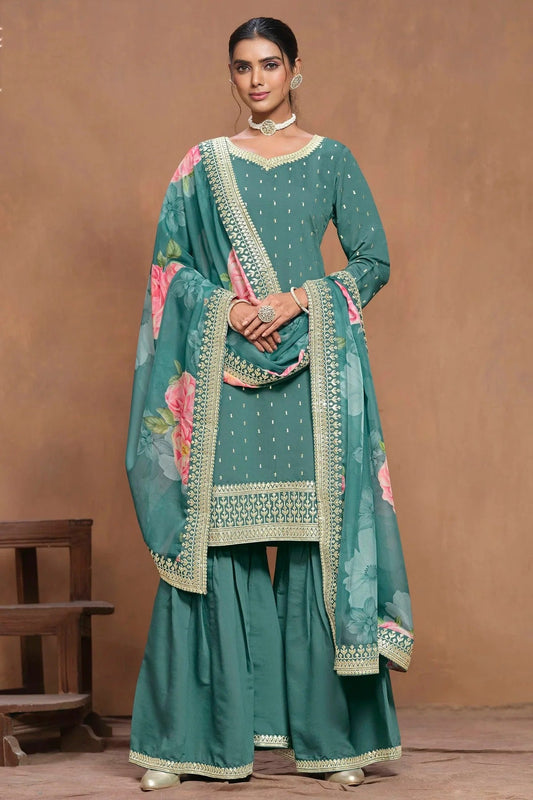 Rama Green Colour Roman Silk Sharara Suit SM1050565