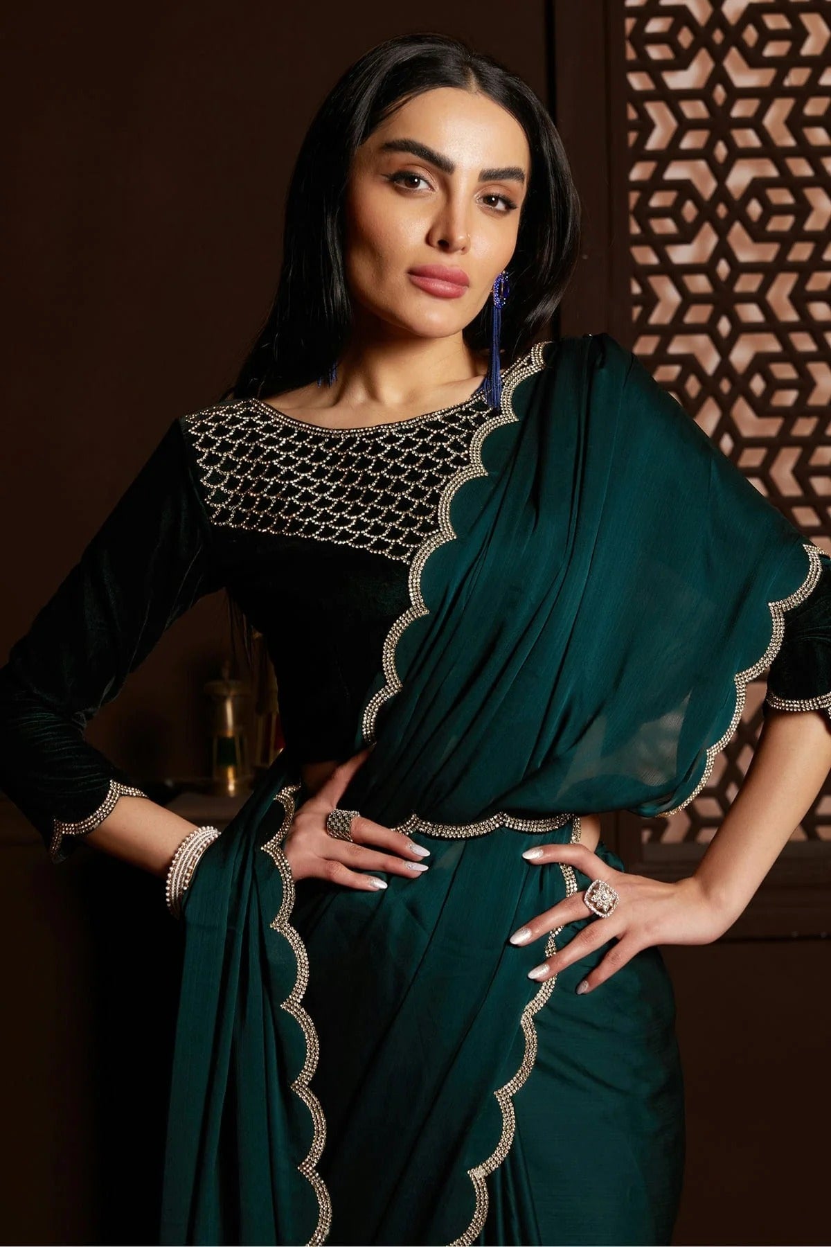 Rama Green Colour Satin Silk Chiffon Designer Saree LC1121427 A