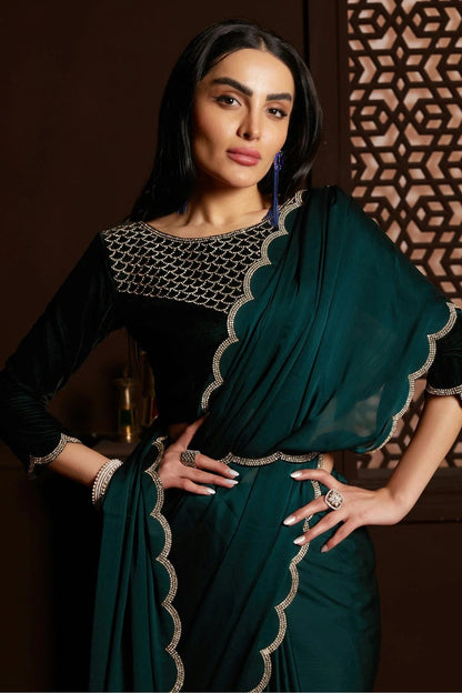 Rama Green Colour Satin Silk Chiffon Designer Saree LC1121427 A