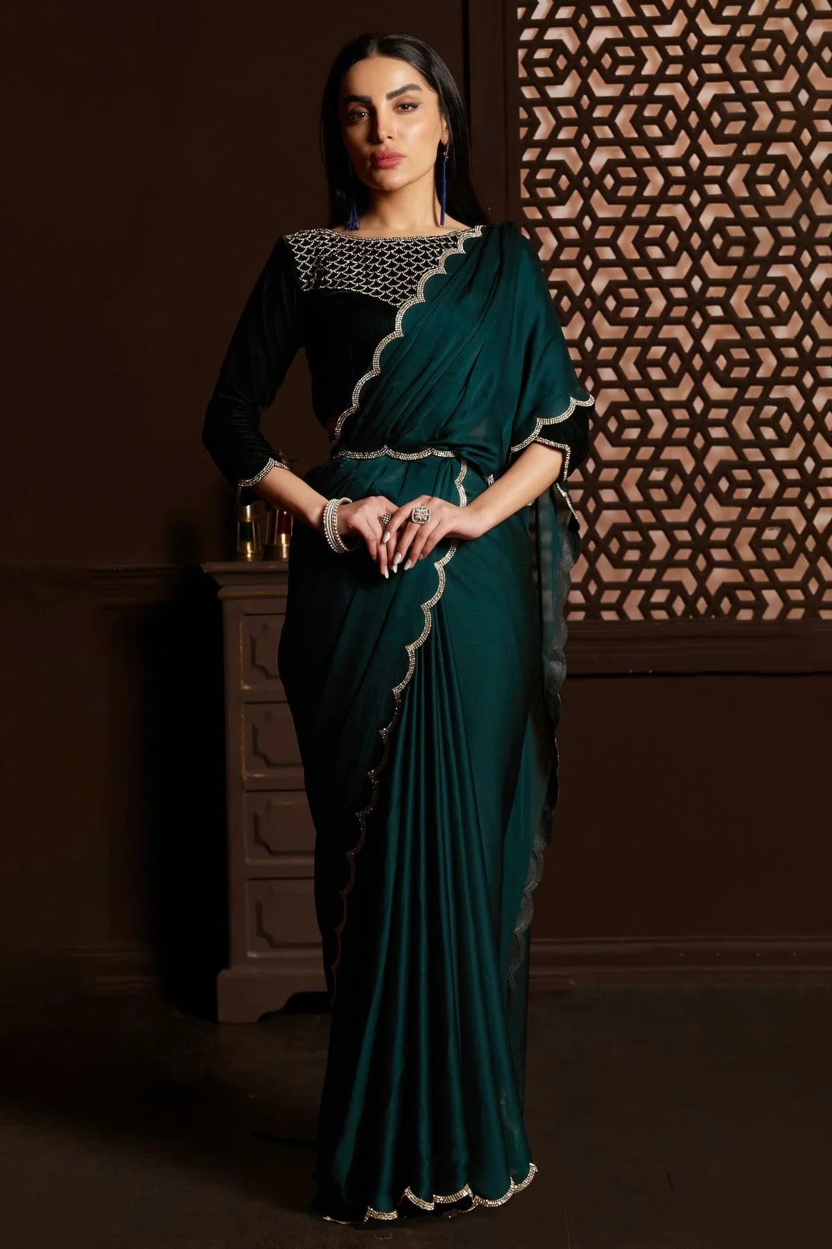 Rama Green Colour Satin Silk Chiffon Designer Saree LC1121427