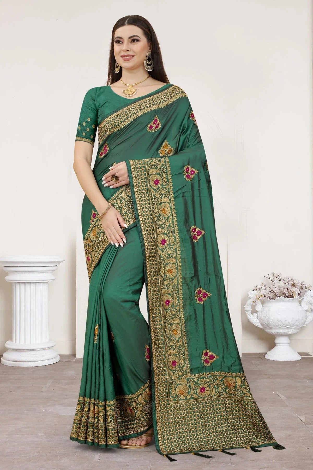 Rama Green Colour Satin Silk Designer Saree LC1121311