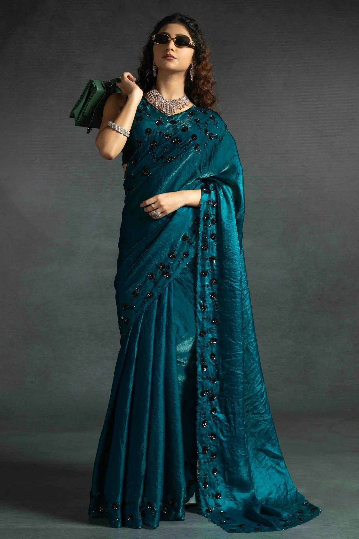 Rama Green Colour Satin Silk Designer Saree SD1121984