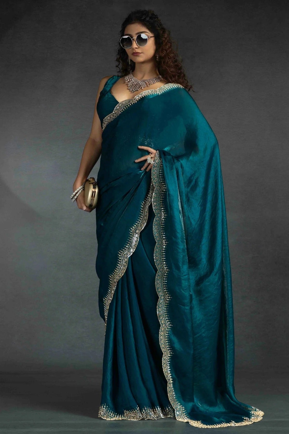 Rama Green Colour Satin Silk Designer Saree SD1122008