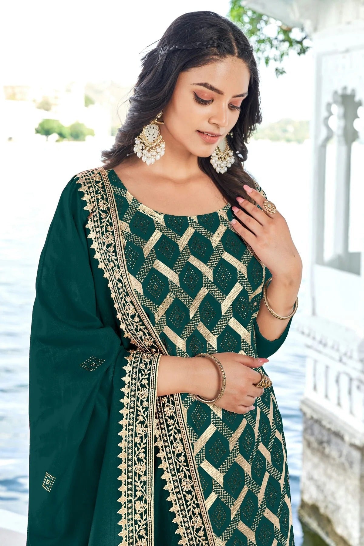 Rama Green Colour Semi Stitched Blooming Vichitra Pant Style Suit SM1140163 A
