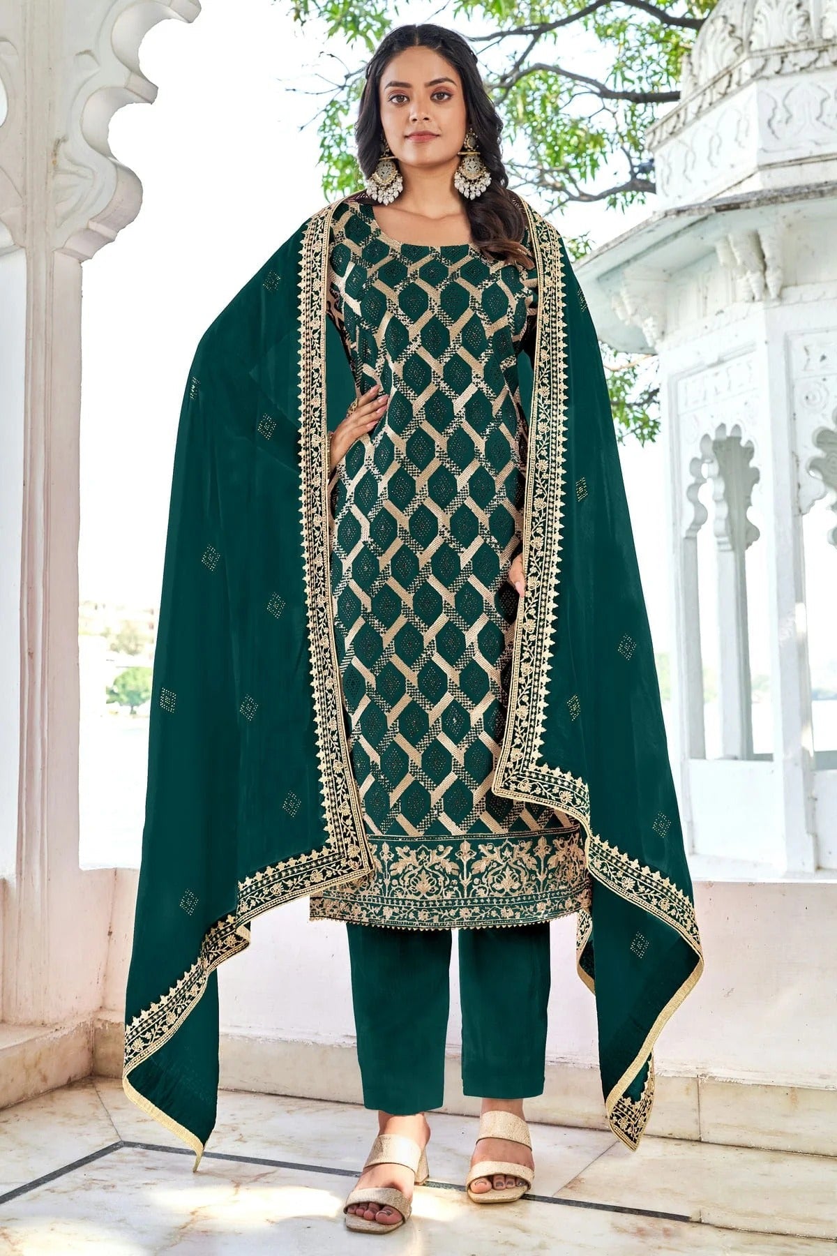 Rama Green Colour Semi Stitched Blooming Vichitra Pant Style Suit SM1140163