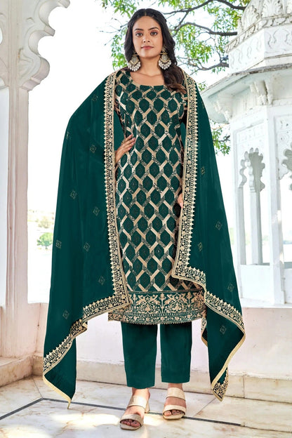 Rama Green Colour Semi Stitched Blooming Vichitra Pant Style Suit SM1140163