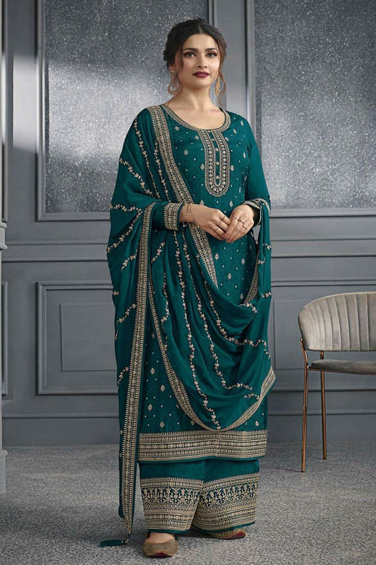 Rama Green Colour Semi Stitched Dola Jacquard Silk Palazzo Pant Suit SM1140202
