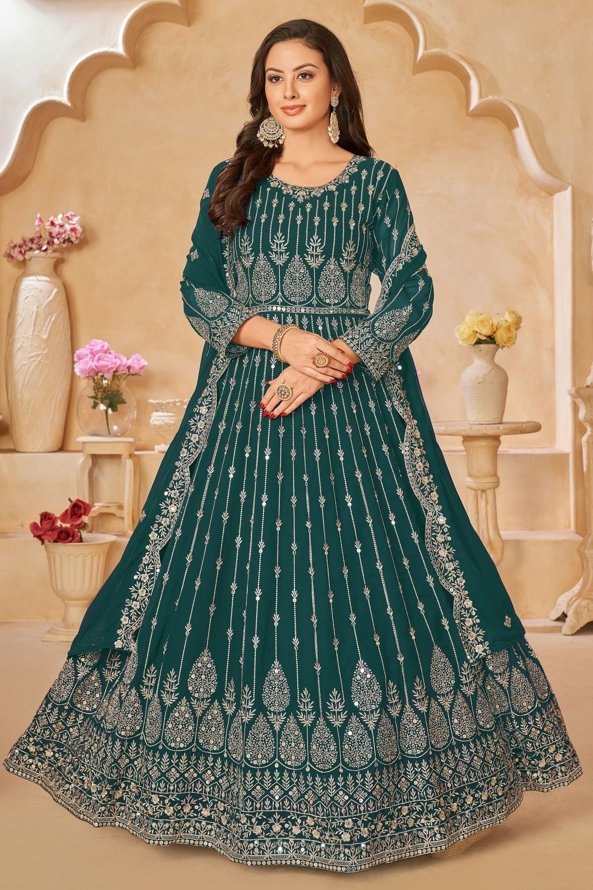 Rama Green Colour Semi Stitched Faux Georgette Anarkali Suit SM1050424