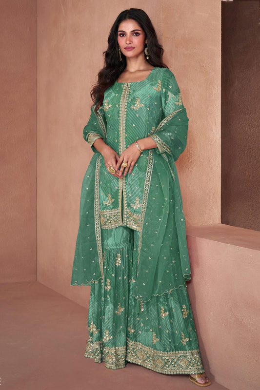 Rama Green Colour Semi Stitched Faux Georgette Sharara Suit SM1140385