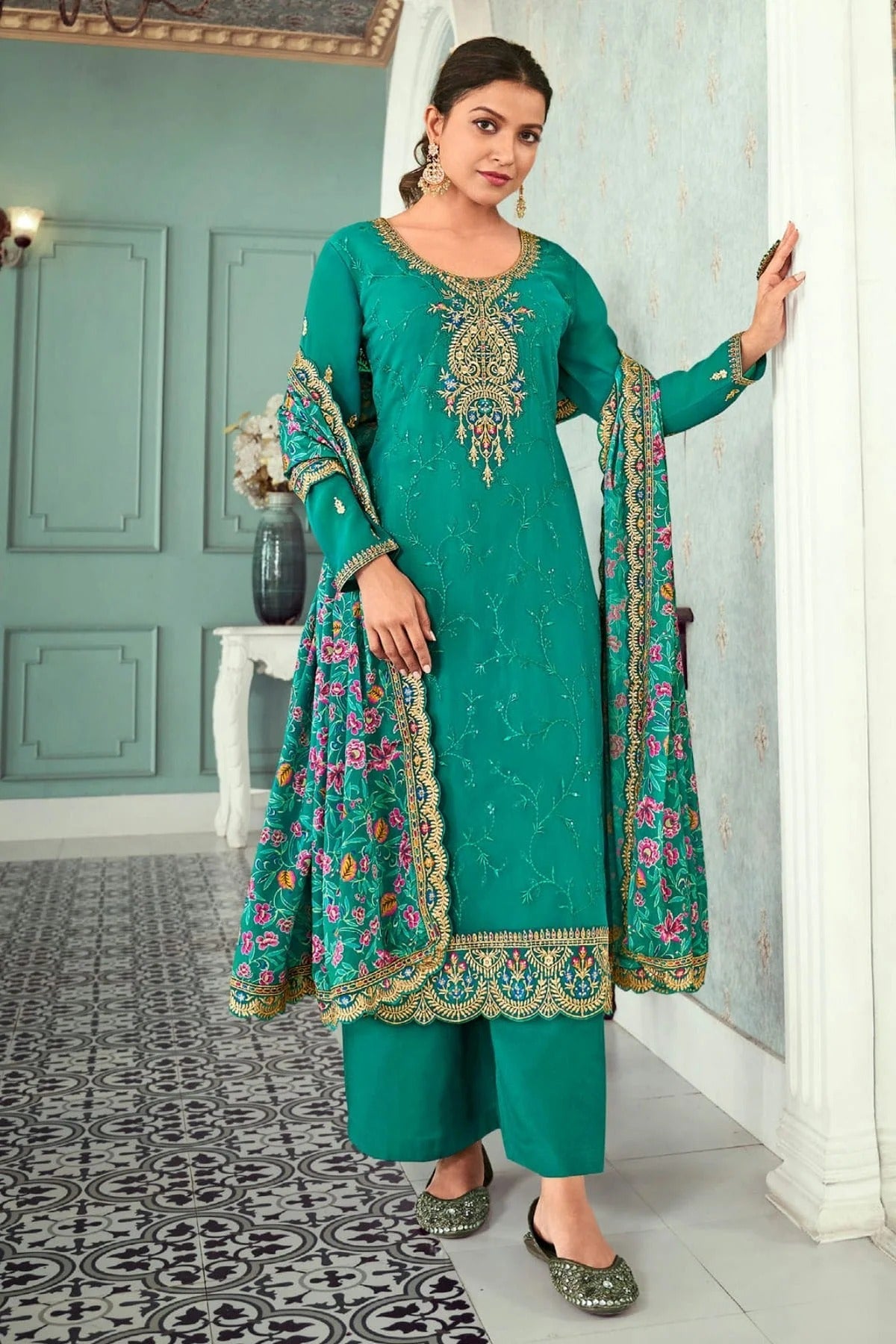 Rama Green Colour Semi Stitched Georgette Pant Style Suit SM1140143