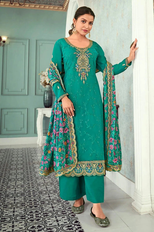 Rama Green Colour Semi Stitched Georgette Pant Style Suit SM1140143