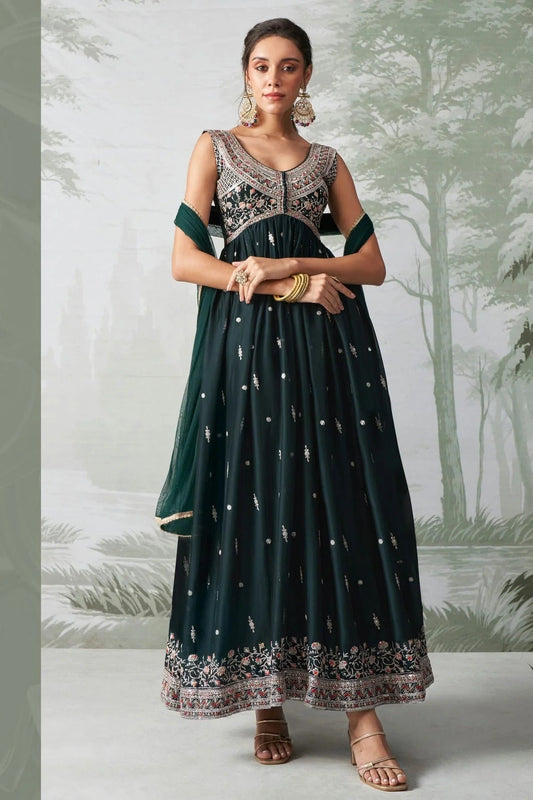 Rama Green Colour Semi Stitched Rangoli Georgette Anarkali Suit SM1140257