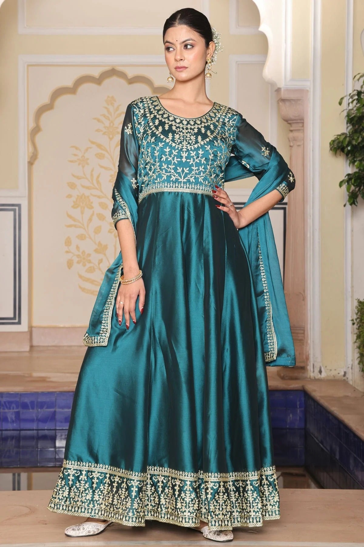 Rama Green Colour Semi Stitched Rangoli Silk Anarkali Suit SM1170040 A