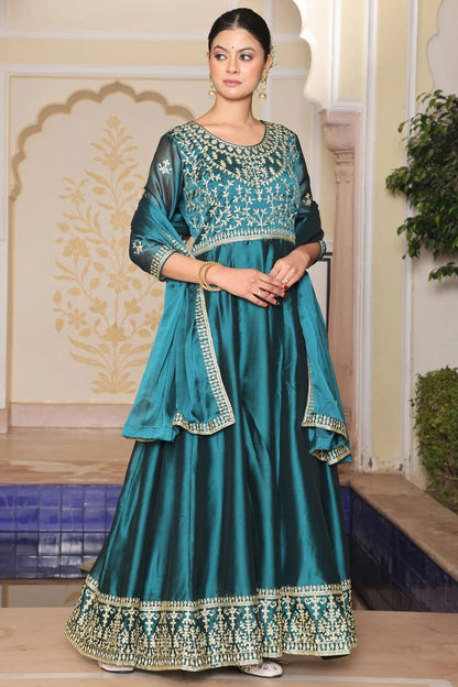 Rama Green Colour Semi Stitched Rangoli Silk Anarkali Suit SM1170040