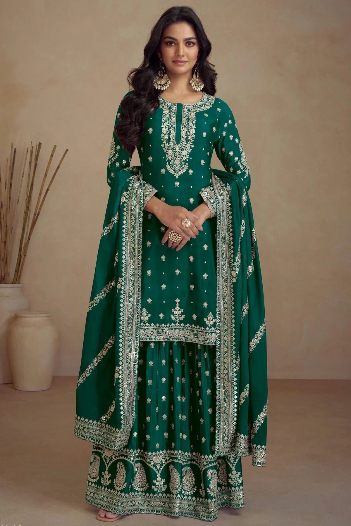Rama Green Colour Semi Stitched Silk Palazzo Pant Suit SM1140669
