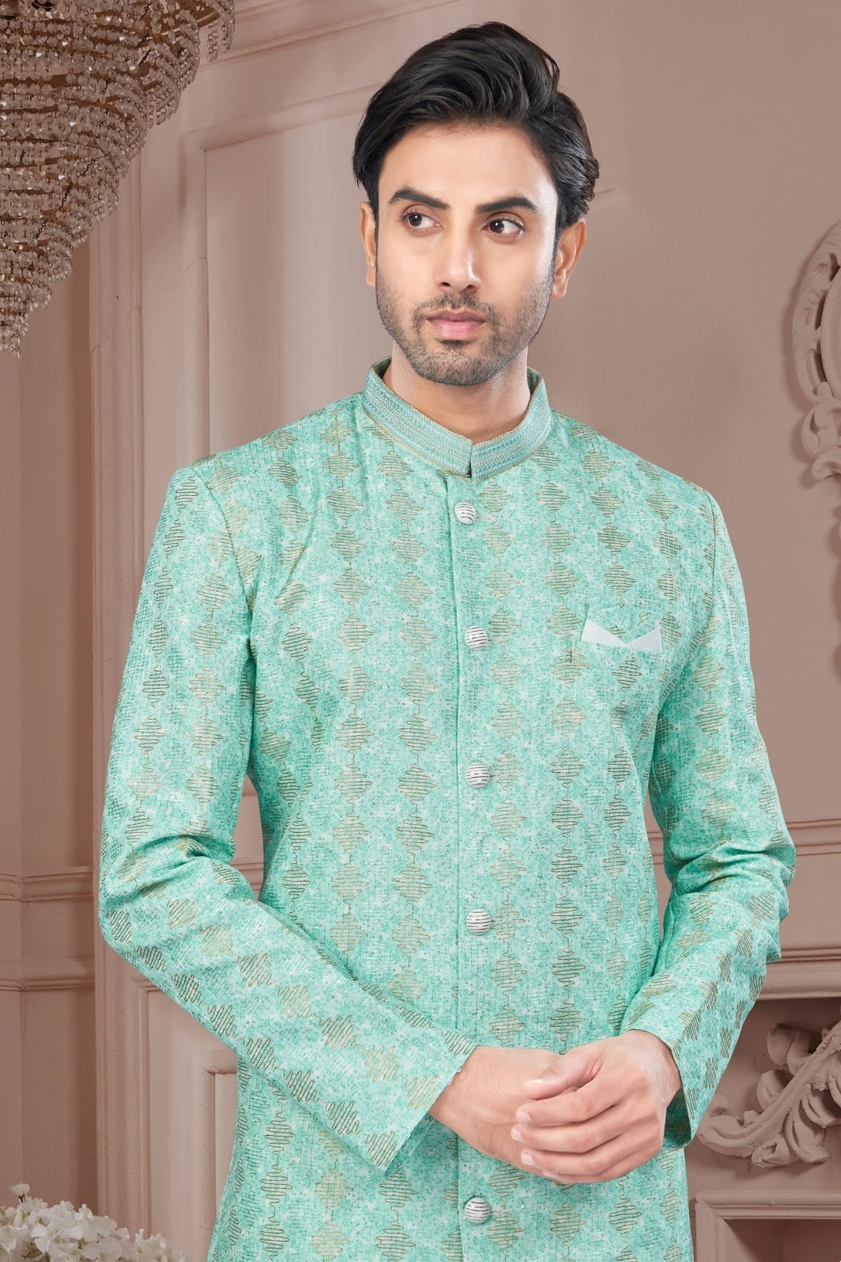 Rama Green Colour Silk Dupion Sherwani SH1040600 A