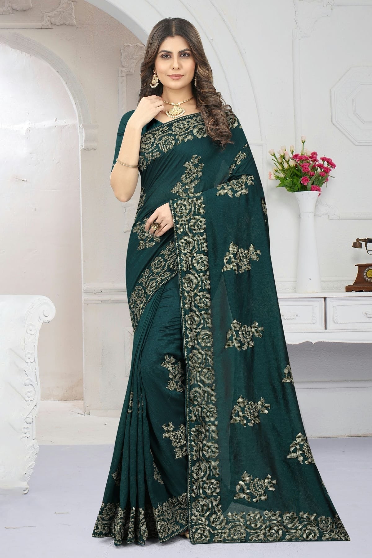 Rama Green Colour Vichitra Silk Designer Saree LC1121381
