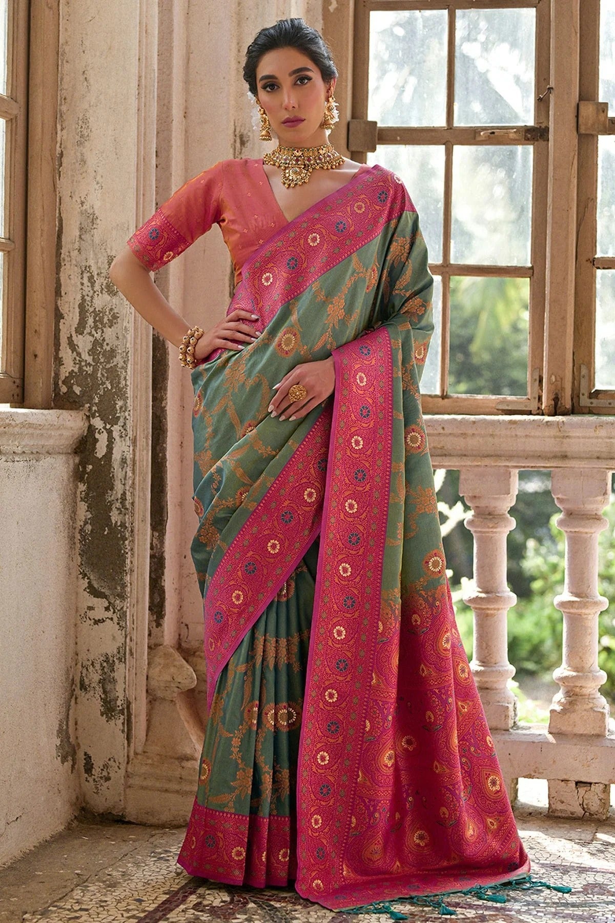 Rama Green Colour Woven Work Banarasi Silk Saree SD1260005