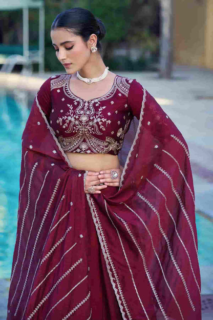 Rangoli Crush Embroidery Sequins Work Lehenga Choli In Maroon Colour