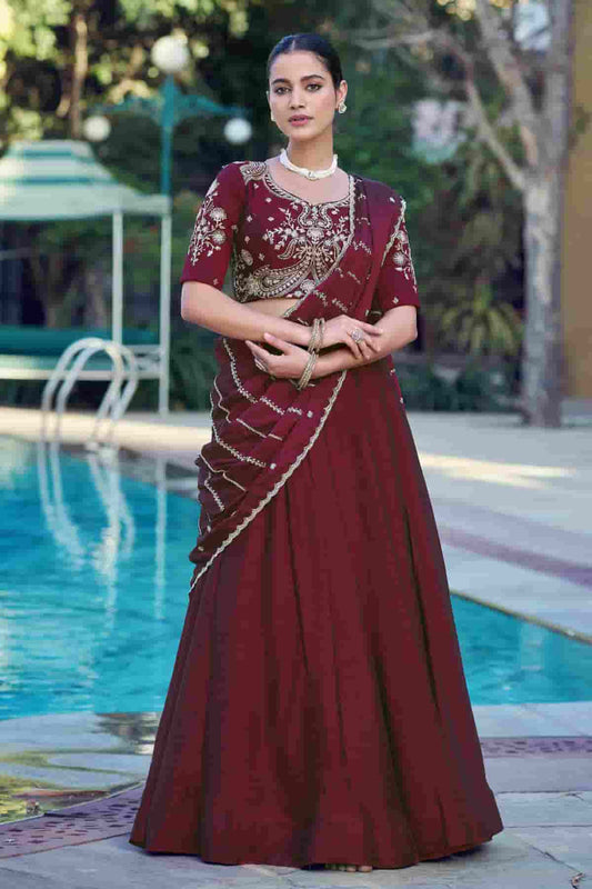 Rangoli Crush Embroidery Sequins Work Lehenga Choli In Maroon Colour