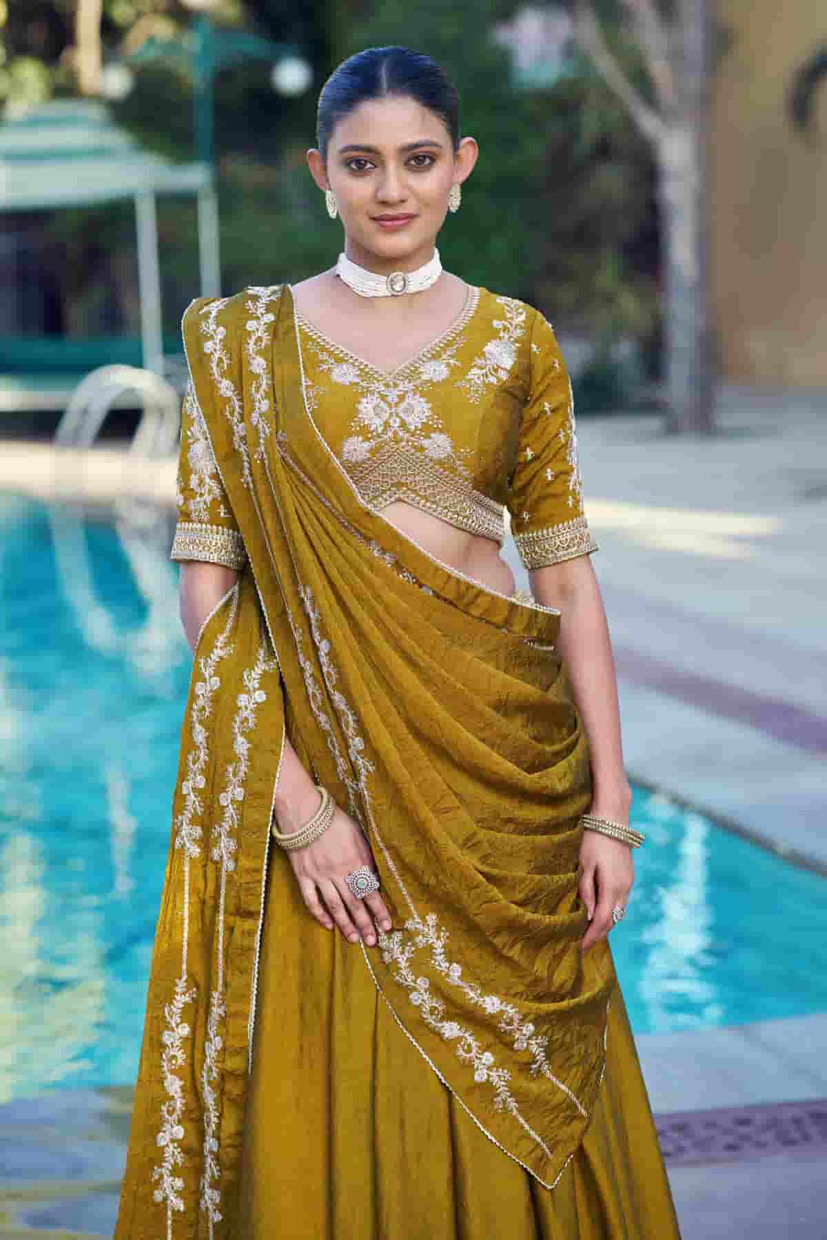 Rangoli Crush Embroidery Sequins Work Lehenga Choli In Mustard Colour