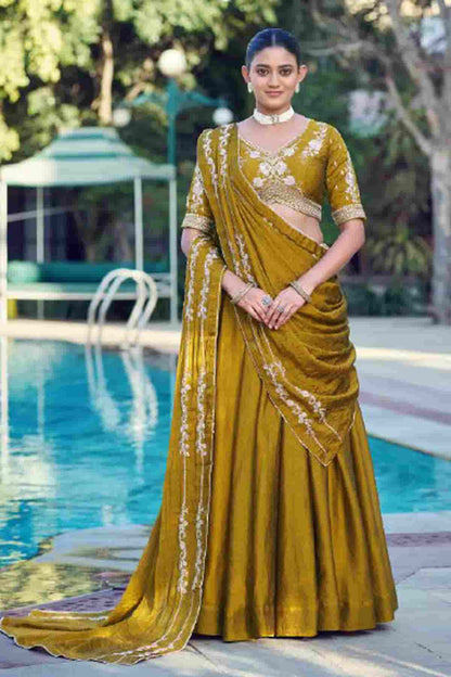 Rangoli Crush Embroidery Sequins Work Lehenga Choli In Mustard Colour