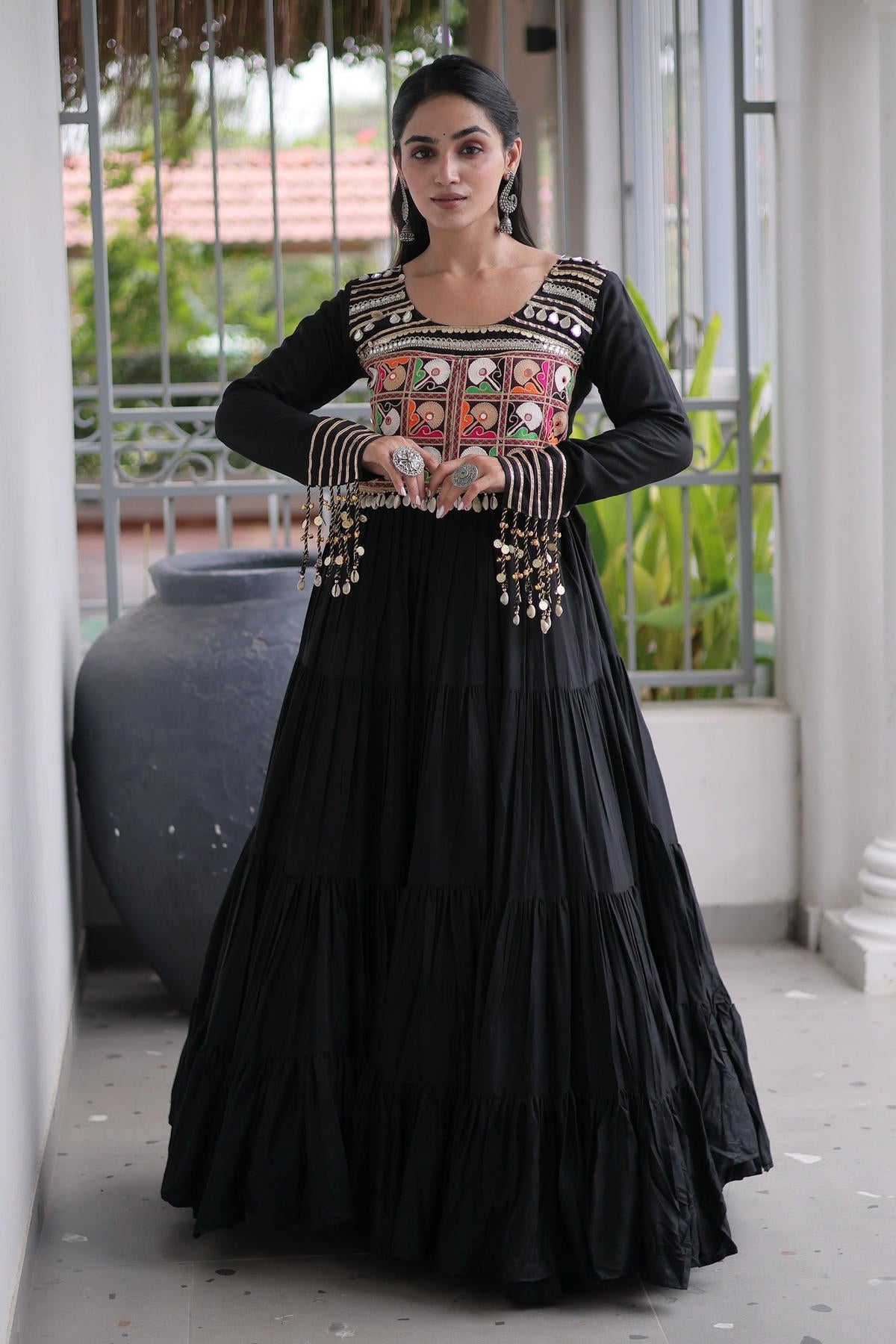 Rayon Printed Stitched Gown In Black Colour