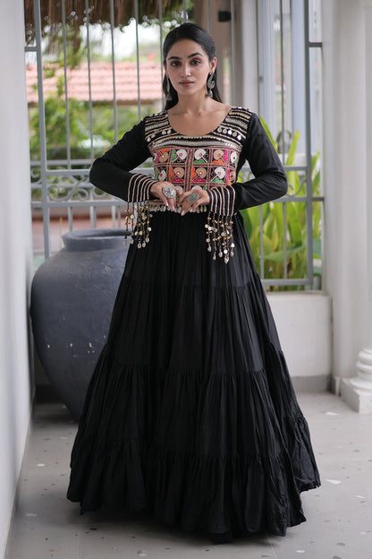 Rayon Printed Stitched Gown In Black Colour