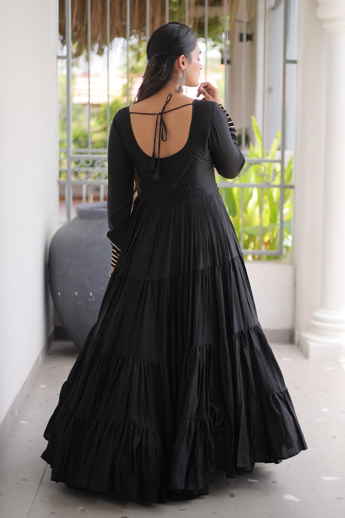 Rayon Printed Stitched Gown In Black Colour