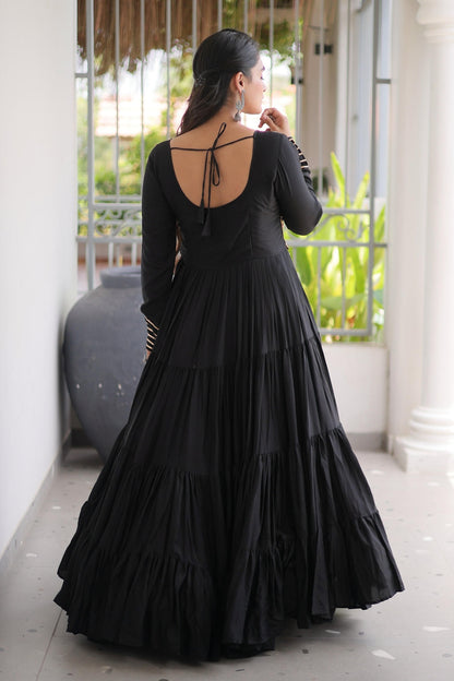 Rayon Printed Stitched Gown In Black Colour