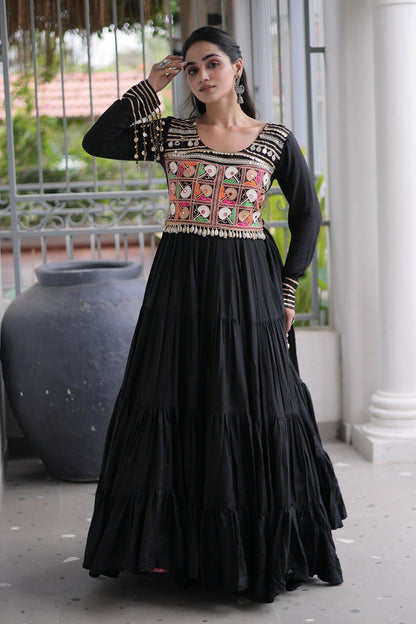 Rayon Printed Stitched Gown In Black Colour
