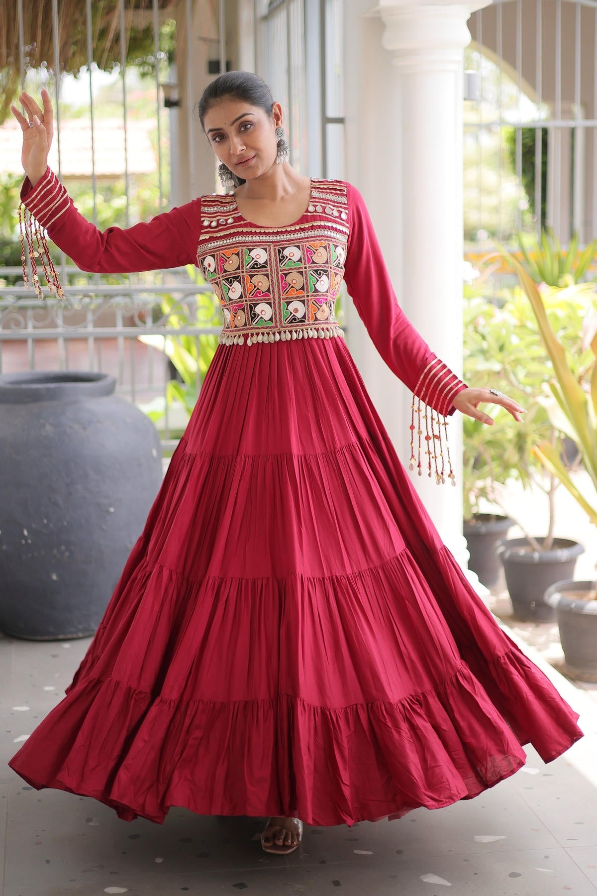 Rayon Printed Stitched Gown In Maroon Colour