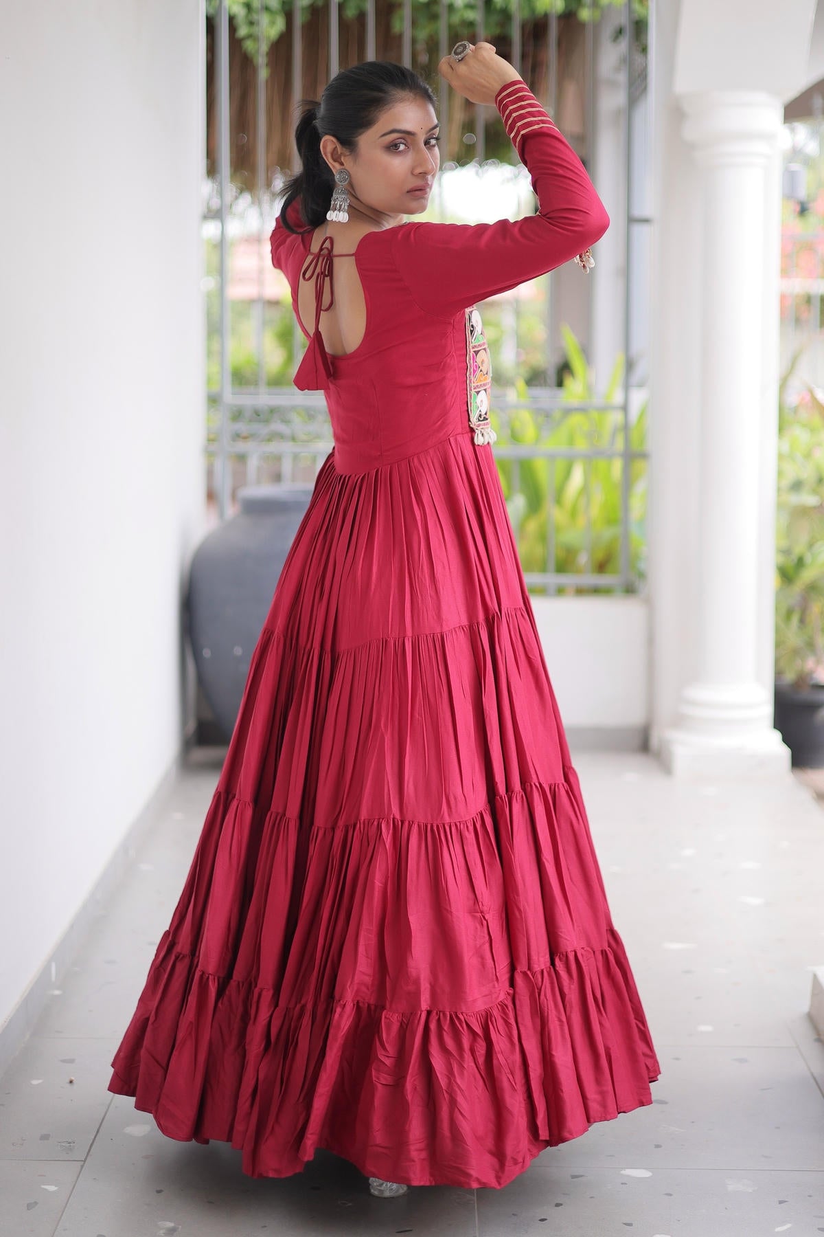 Rayon Printed Stitched Gown In Maroon Colour