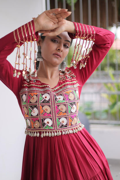 Rayon Printed Stitched Gown In Maroon Colour