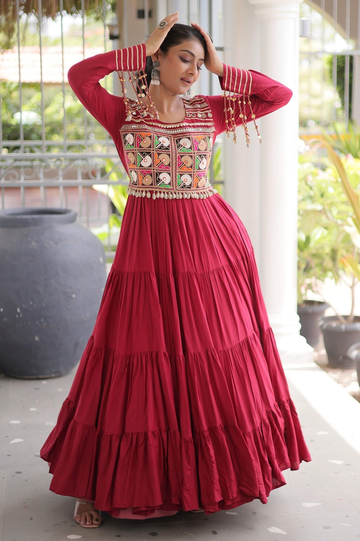 Rayon Printed Stitched Gown In Maroon Colour