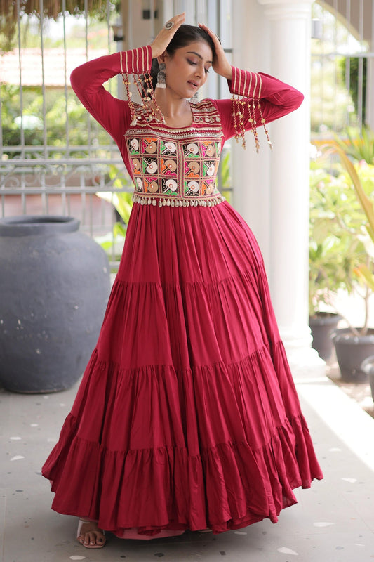 Rayon Printed Stitched Gown In Maroon Colour