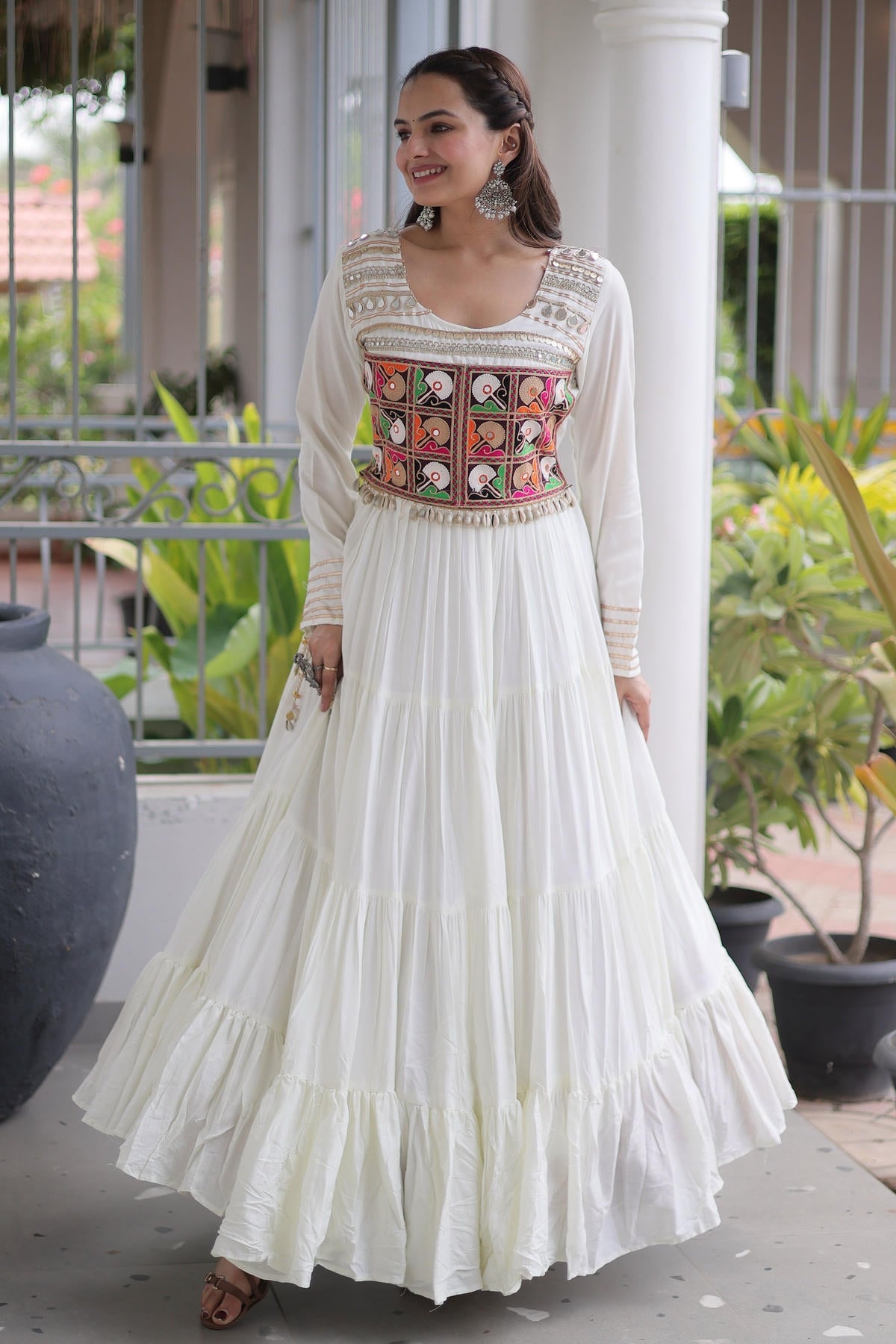 Rayon Printed Stitched Gown In White Colour