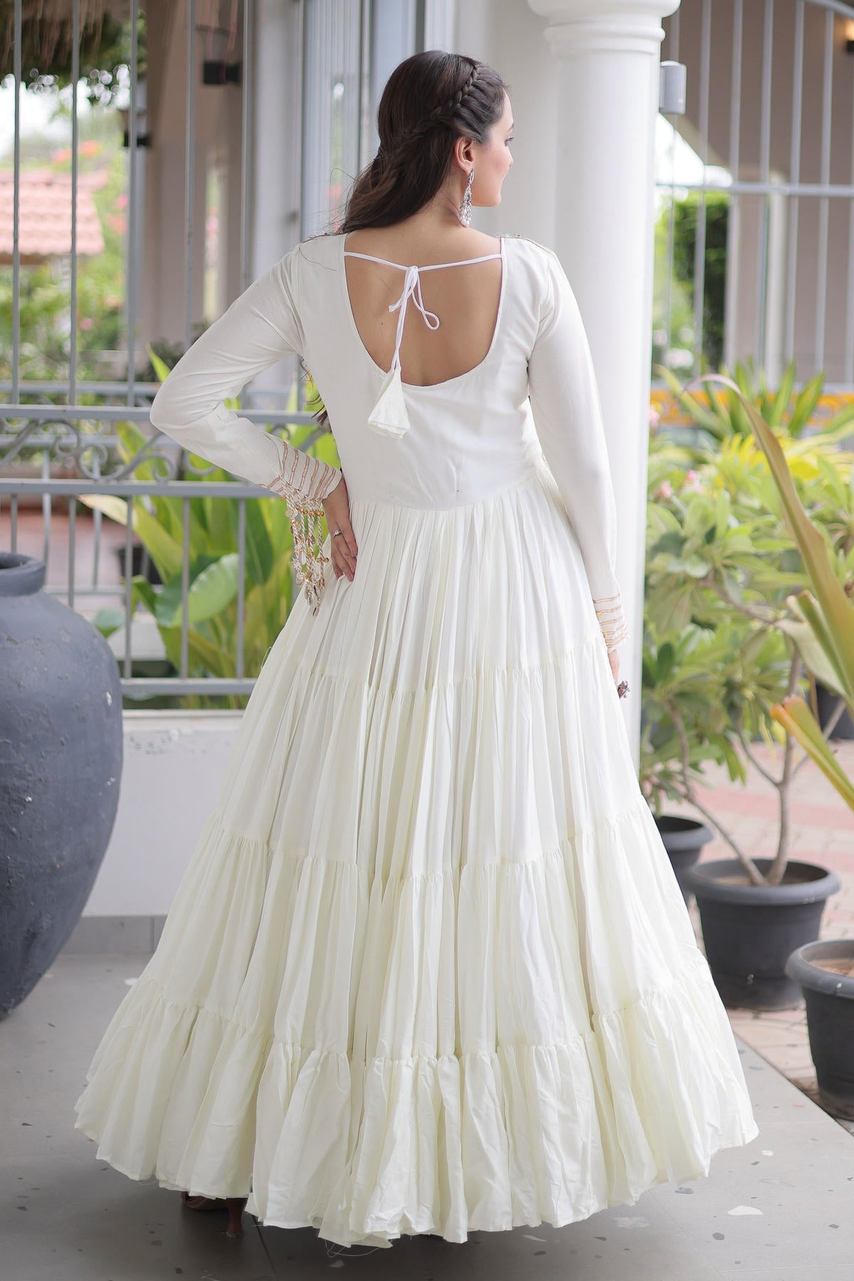 Rayon Printed Stitched Gown In White Colour