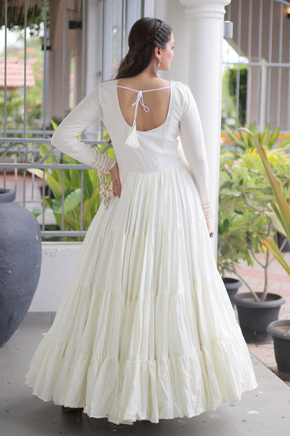 Rayon Printed Stitched Gown In White Colour