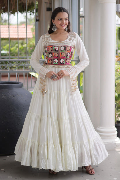 Rayon Printed Stitched Gown In White Colour