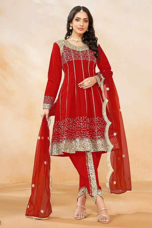 Red Colour Art Silk Semi Stitched Patiala Suit SM1050603
