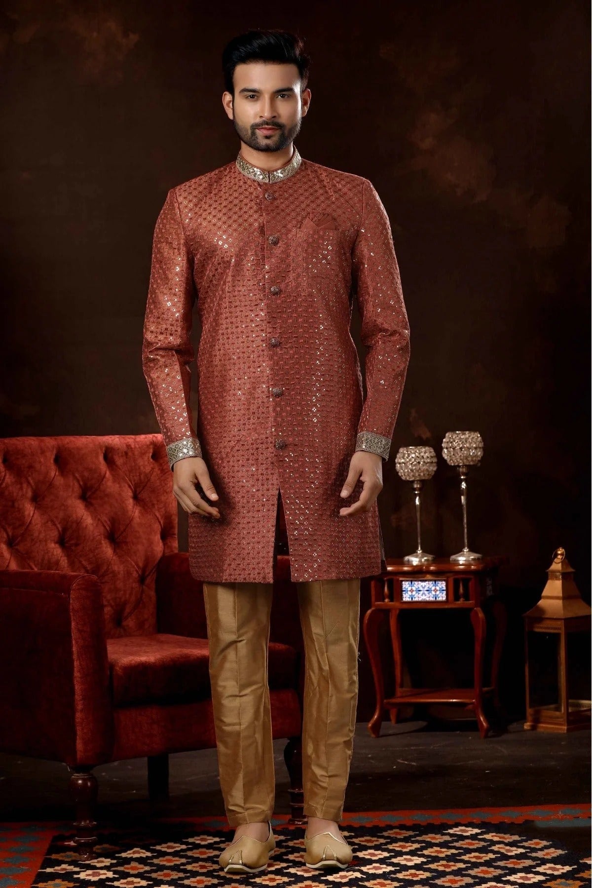 Red Colour Art Silk Sherwani SH1040373