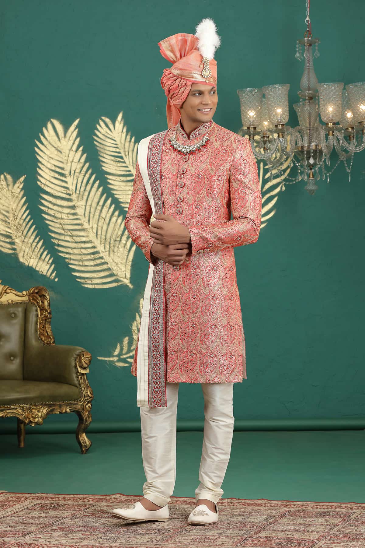 Red Colour Banarasi Jacquard Embroidery Sherwani