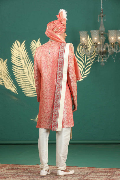 Red Colour Banarasi Jacquard Embroidery Sherwani